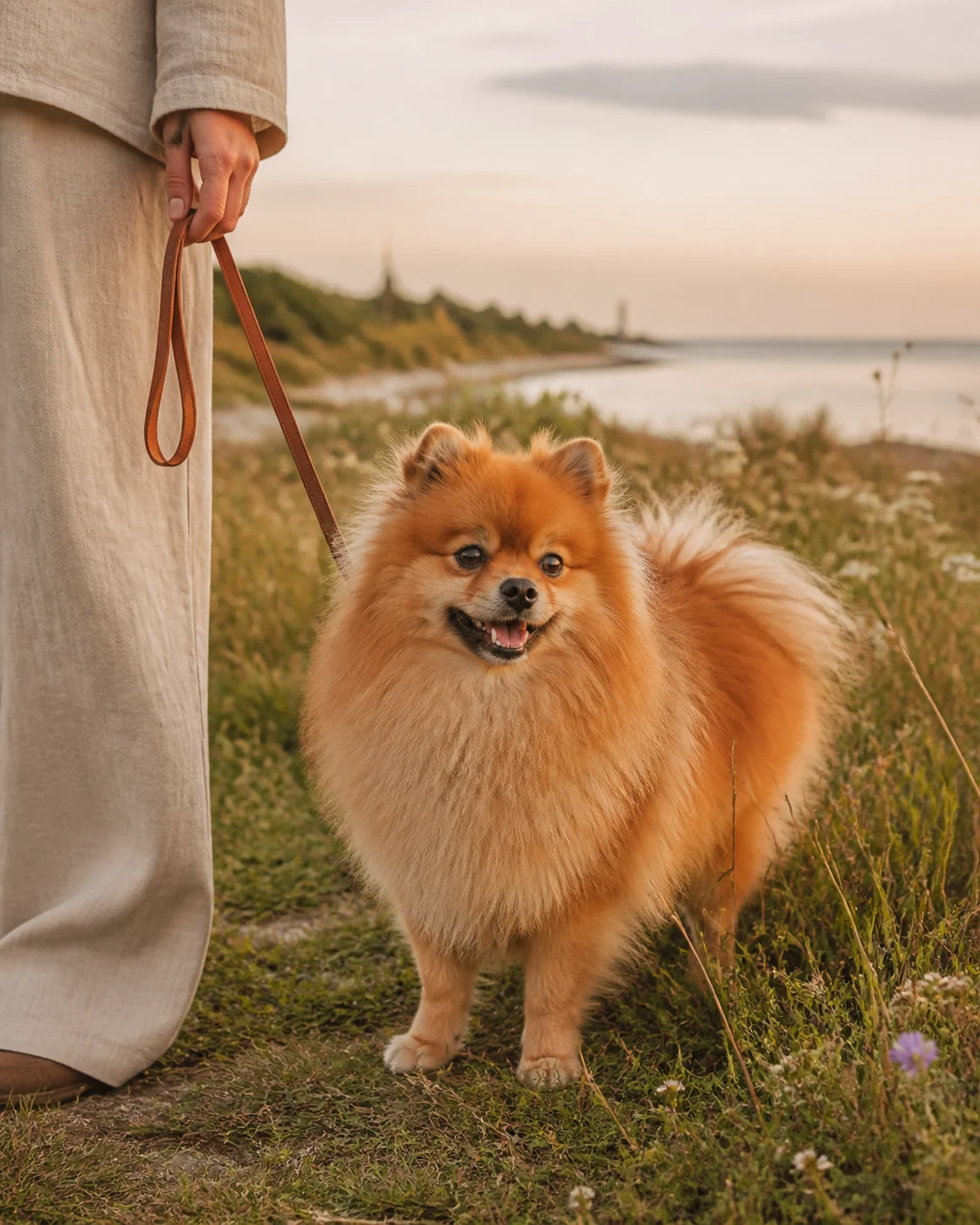 Oranž pomeranian omanikuga mereäärsel rajal